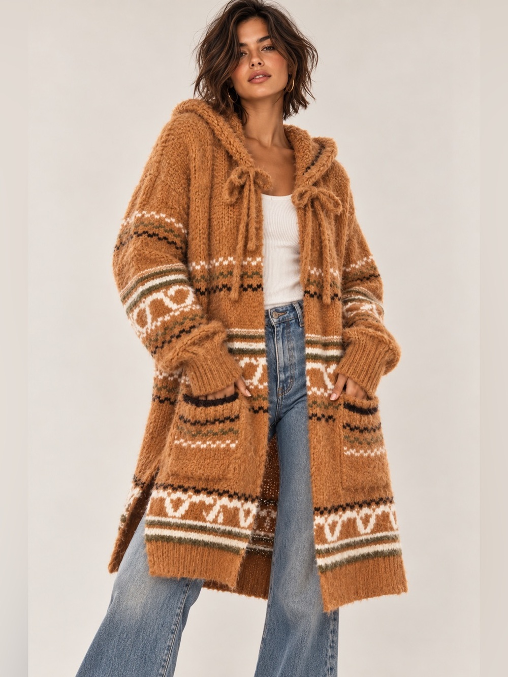 Cozy Camel Hooded Patterned Long Cardigan Sweater